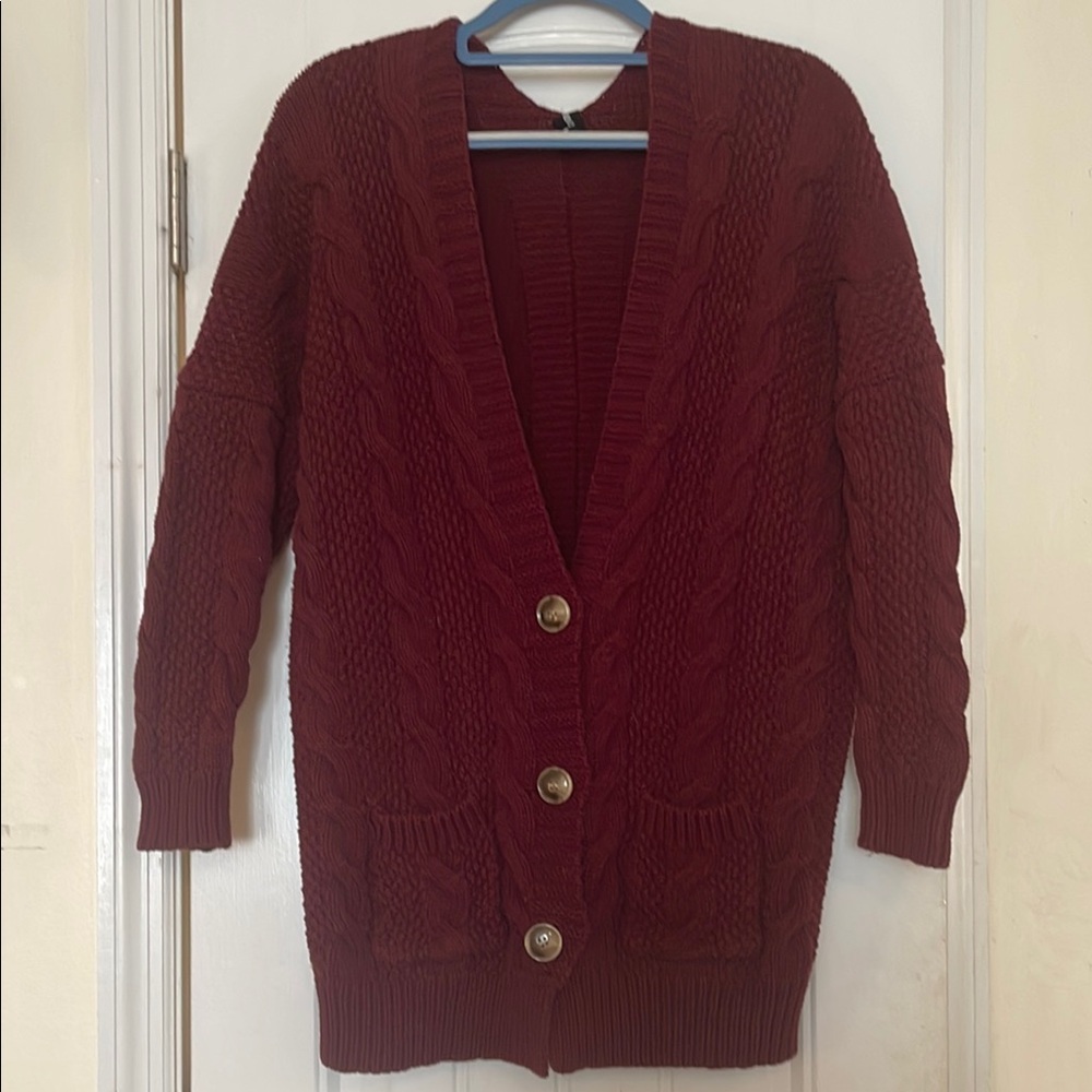 Cable Knit Burgundy Cardigan Sweater